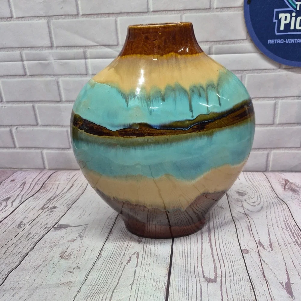 Vintage Drip Glaze Ceramic Vase Turquoise Brown Tan Bulbous Pottery Decor 10in